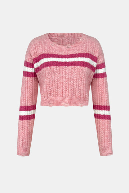 Cable-Knit Striped Dropped Shoulder Sweater-Angel Casuals