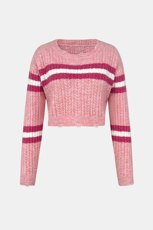 Cable-Knit Striped Dropped Shoulder Sweater-Angel Casuals