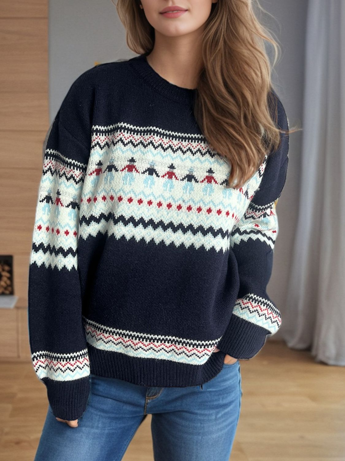 Contrast Round Neck Dropped Shoulder Sweater-Angel Casuals