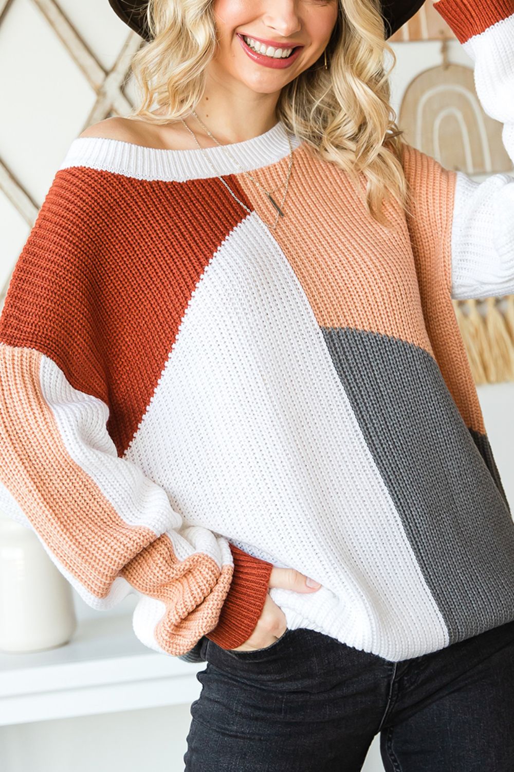 Color Block Drop Shoulder Long Sleeve Sweater-Angel Casuals