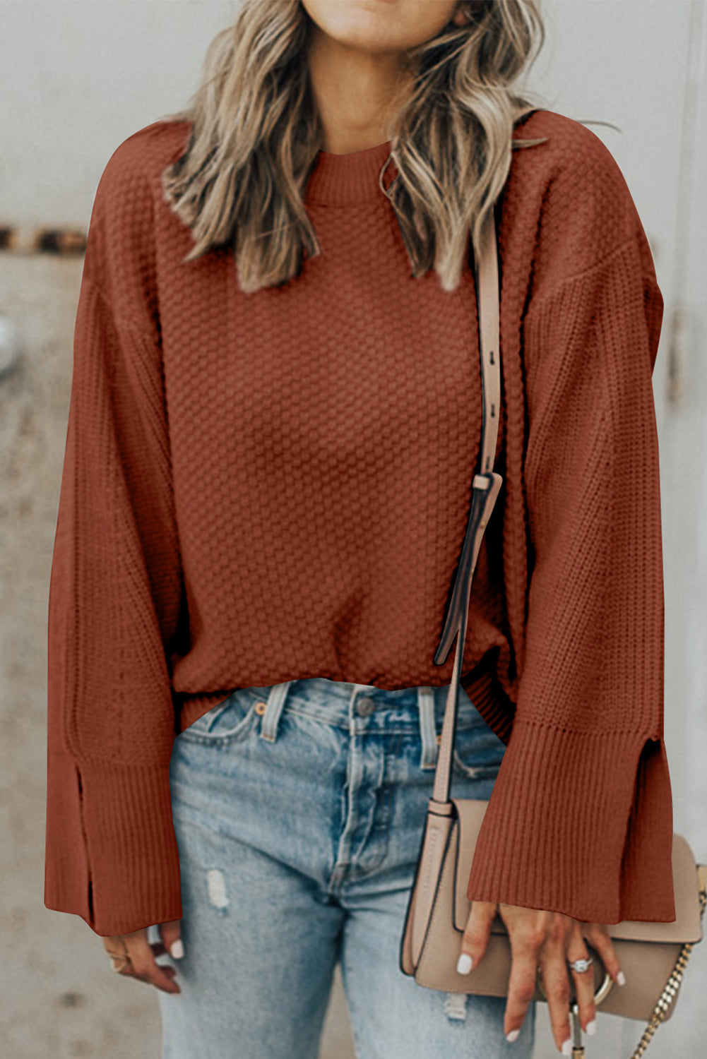 Textured Round Neck Long Sleeve Sweater-Angel Casuals