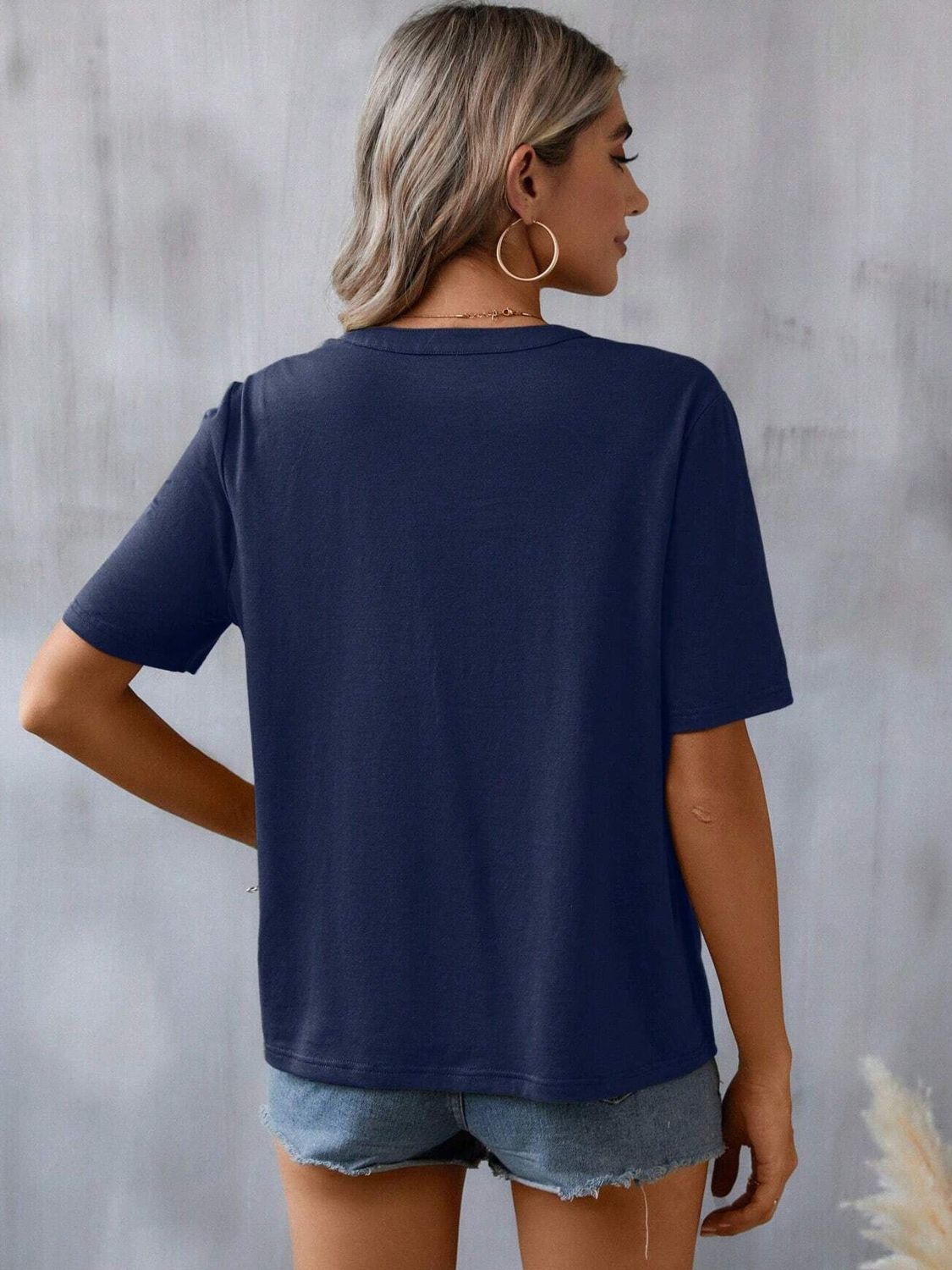 Embroidered Notched Short Sleeve T-Shirt-Angel Casuals