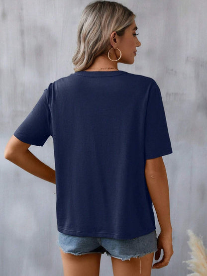 Embroidered Notched Short Sleeve T-Shirt-Angel Casuals