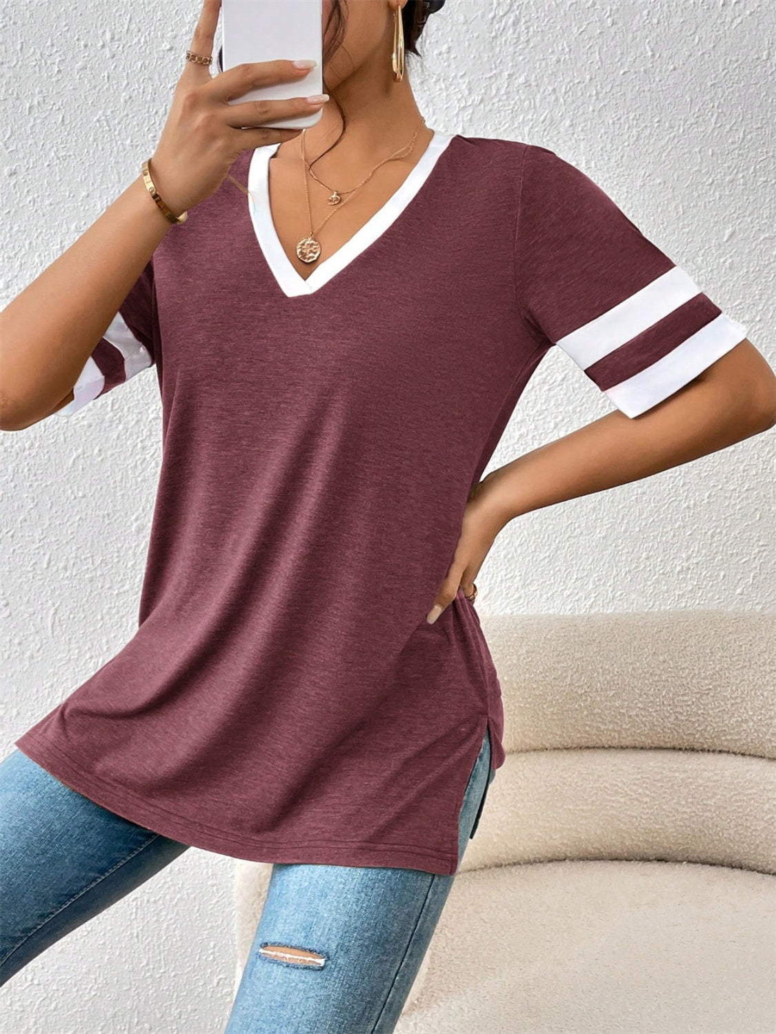 Contrast Trim V-Neck Short Sleeve T-Shirt-Angel Casuals
