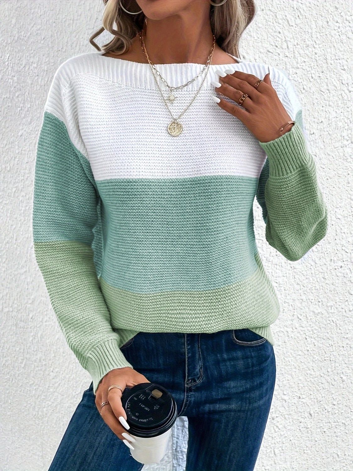 Color Block Boat Neck Sweater-Angel Casuals