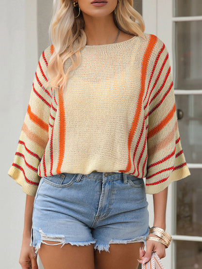 Striped Boat Neck Three-Quarter Sleeve Knit Top-Angel Casuals