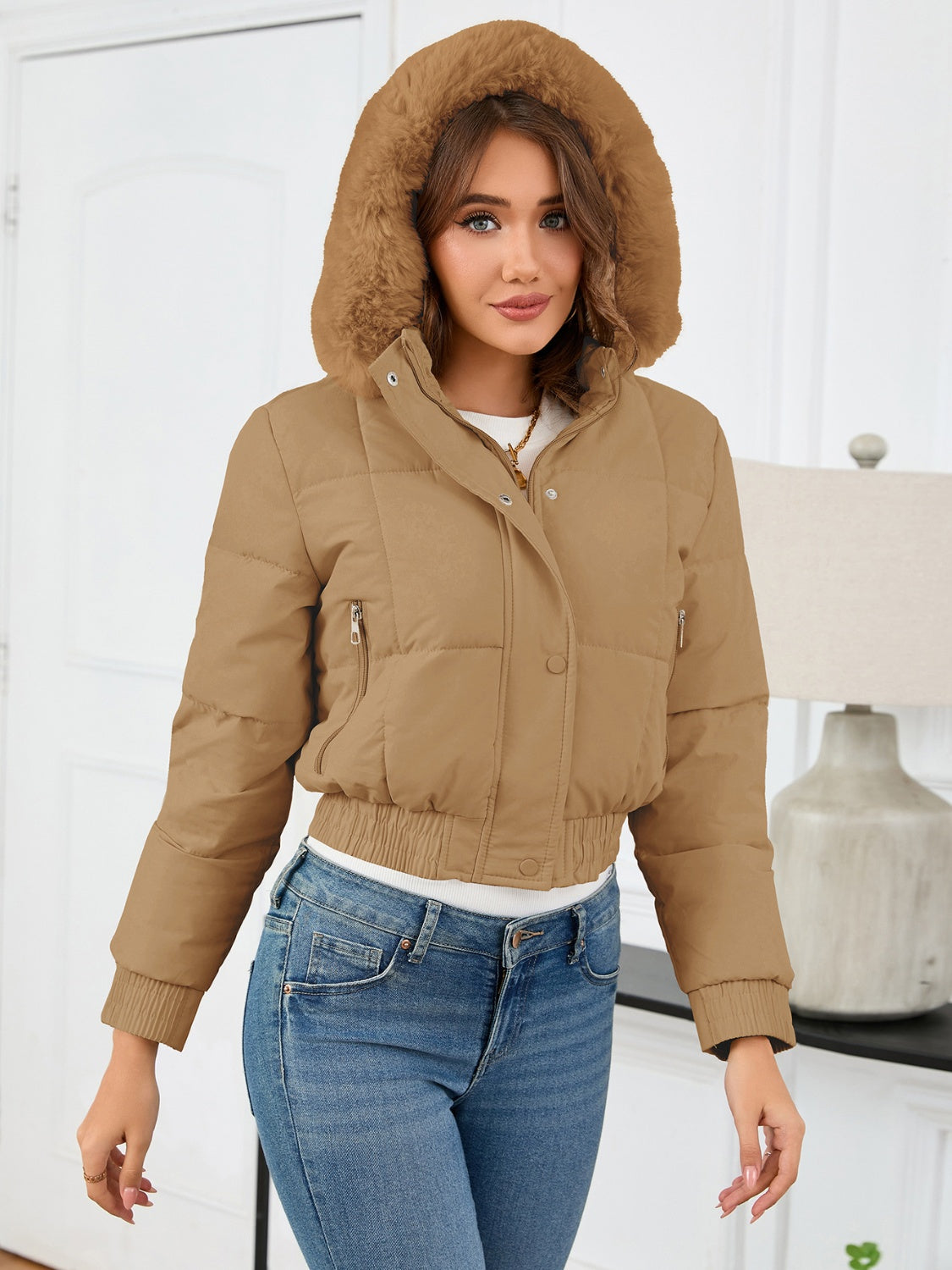 Pocketed Long Sleeve Cropped Hooded Winter Coat-Angel Casuals