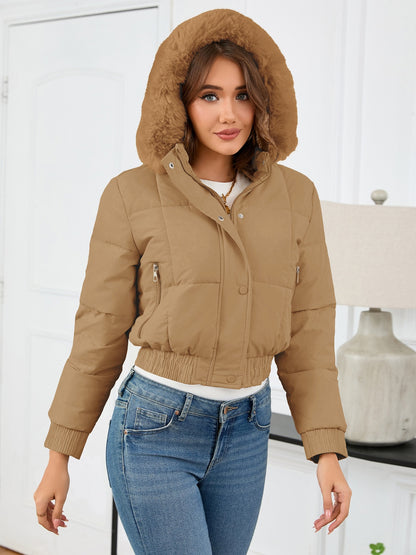 Pocketed Long Sleeve Cropped Hooded Winter Coat-Angel Casuals