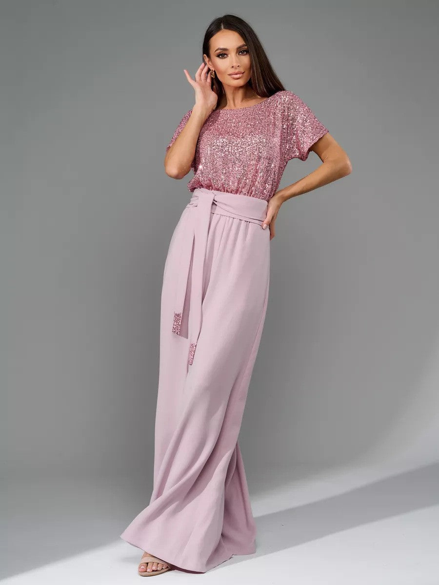 Full Size Sequin Round Neck Short Sleeve Wide Leg Jumpsuit-Angel Casuals
