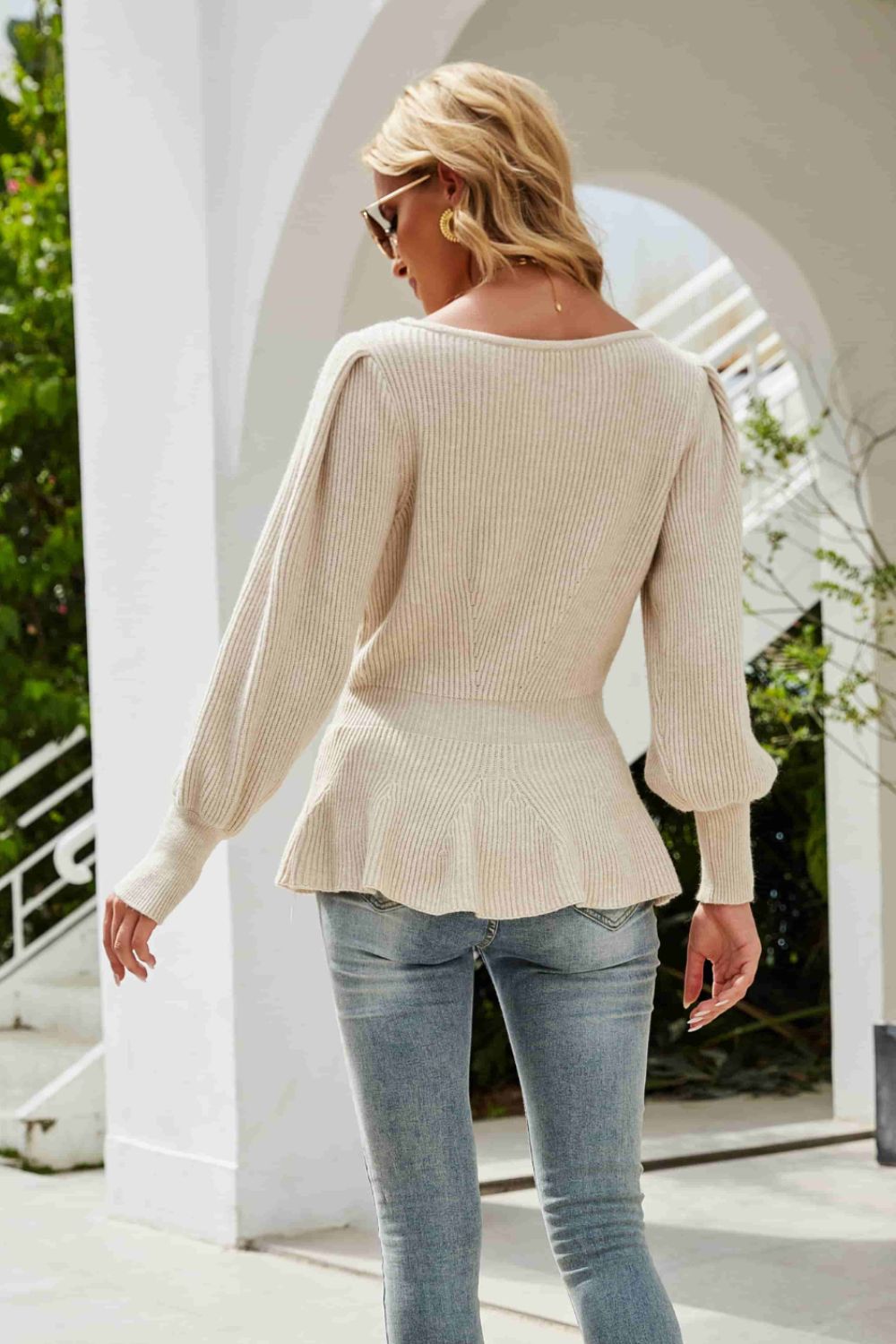 Ribbed Round Neck Lantern Sleeve Sweater-Angel Casuals