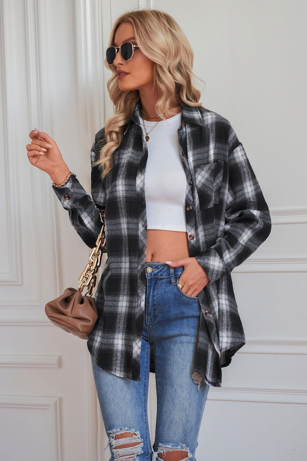 Plaid Button Up Dropped Shoulder Outerwear-Angel Casuals