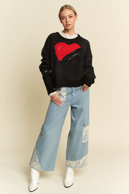 Davi & Dani Contrast Heart Dropped Shoulder Sweater-Angel Casuals