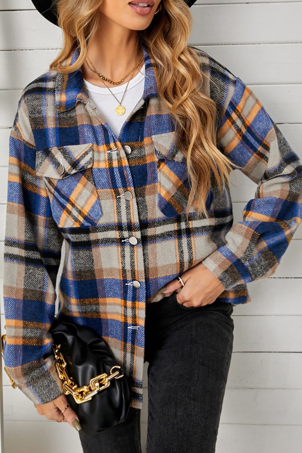 Plaid Pocketed Button Down Shacket-Angel Casuals