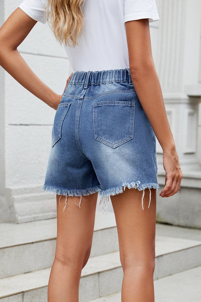 Distressed Raw Hem Asymmetric Waist Denim Shorts-Angel Casuals