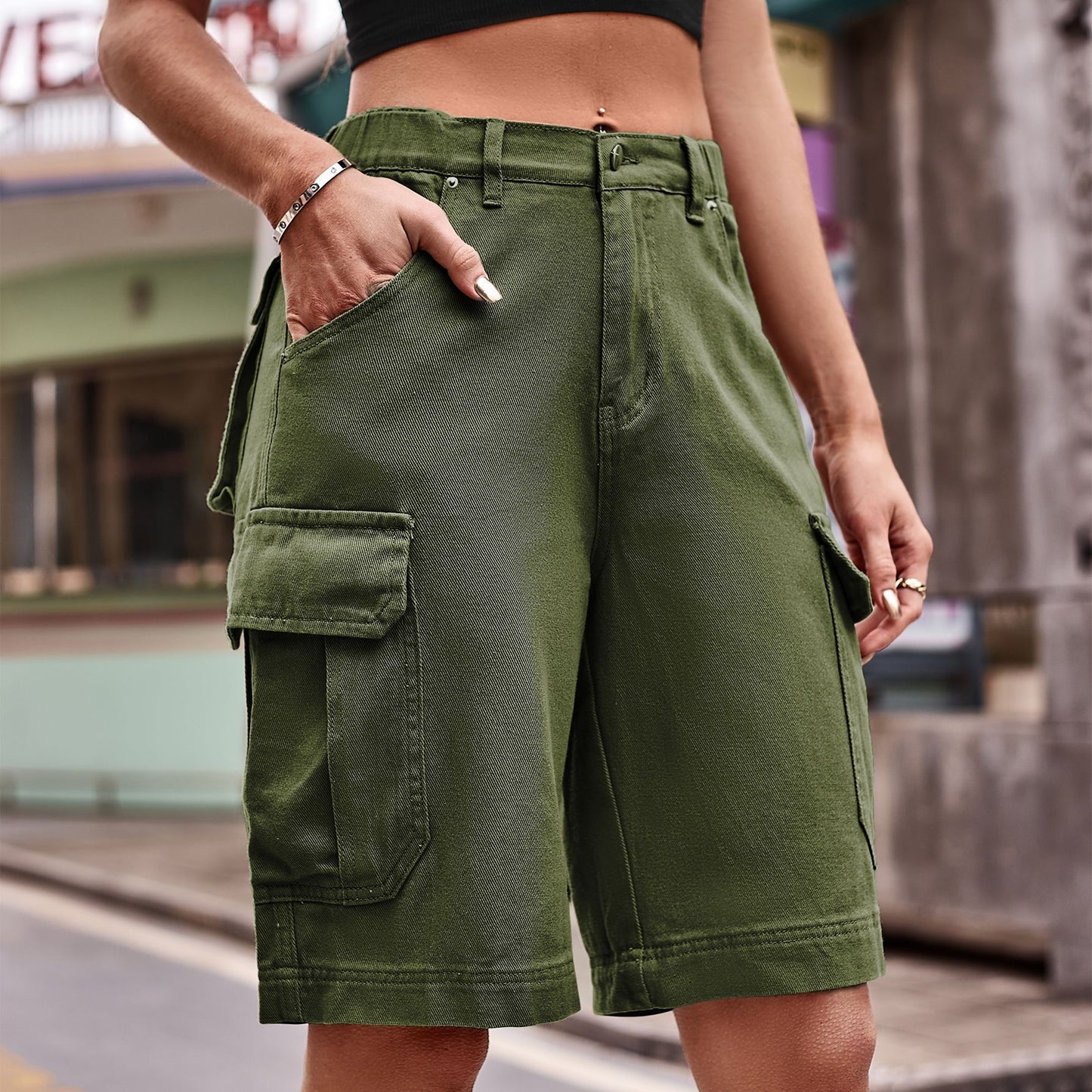 Denim Cargo Shorts with Pockets-Angel Casuals