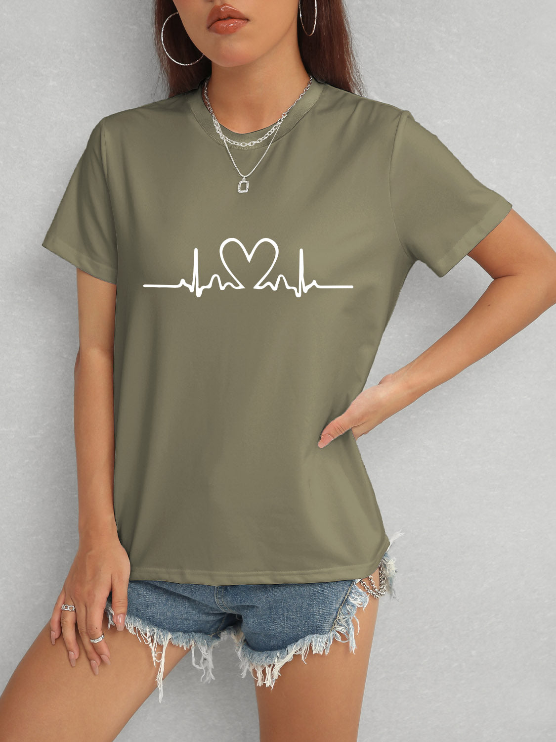 Heart Round Neck Short Sleeve T-Shirt-Angel Casuals