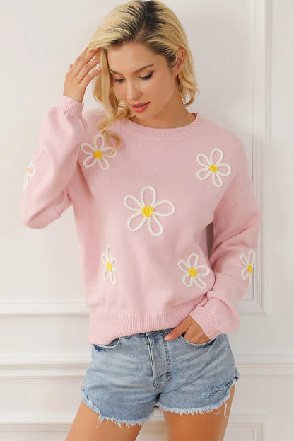 Flower Round Neck Dropped Shoulder Sweater-Angel Casuals