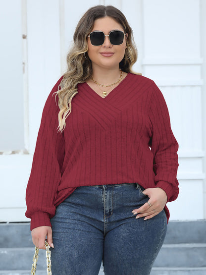 Plus Size Ribbed V-Neck Long Sleeve Top-Angel Casuals