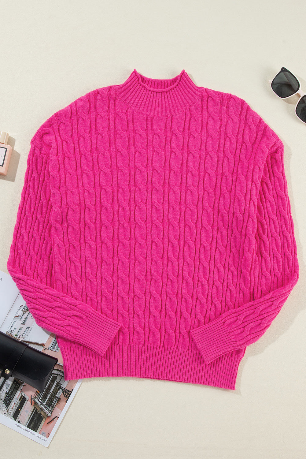 Cable-Knit Mock Neck Long Sleeve Sweater-Angel Casuals