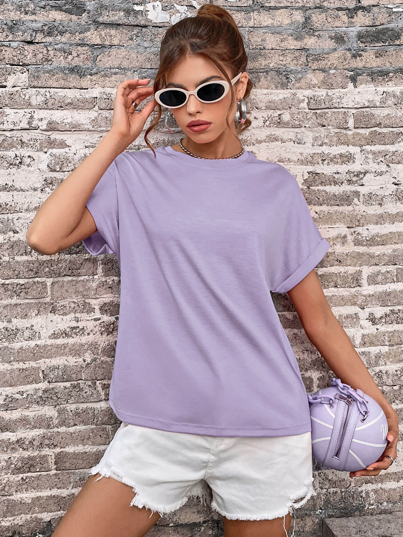 Round Neck Cuffed Sleeve T-Shirt-Angel Casuals