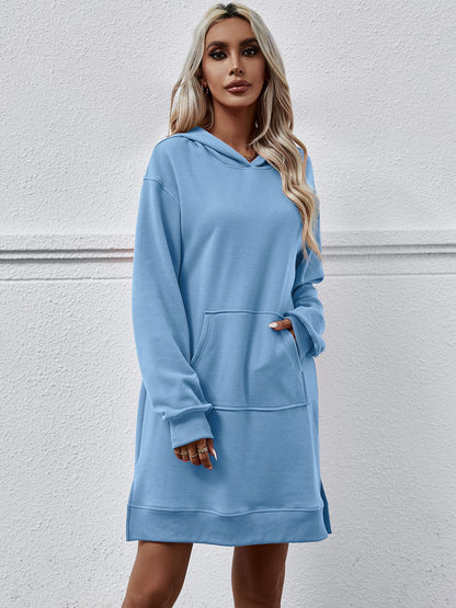 Slit Long Sleeve Hooded Dress with Pocket-Angel Casuals