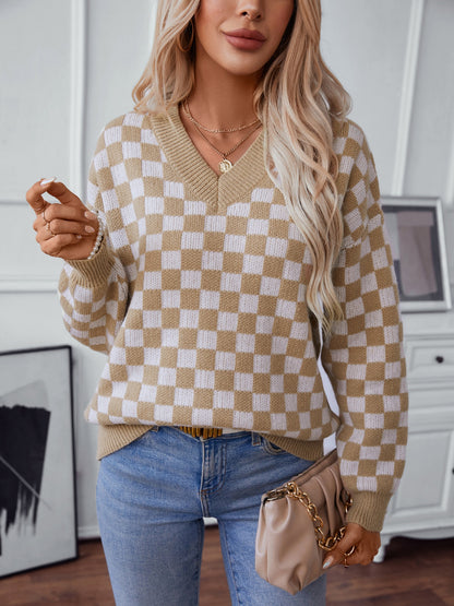 Checkered V-Neck Dropped Shoulder Sweater-Angel Casuals