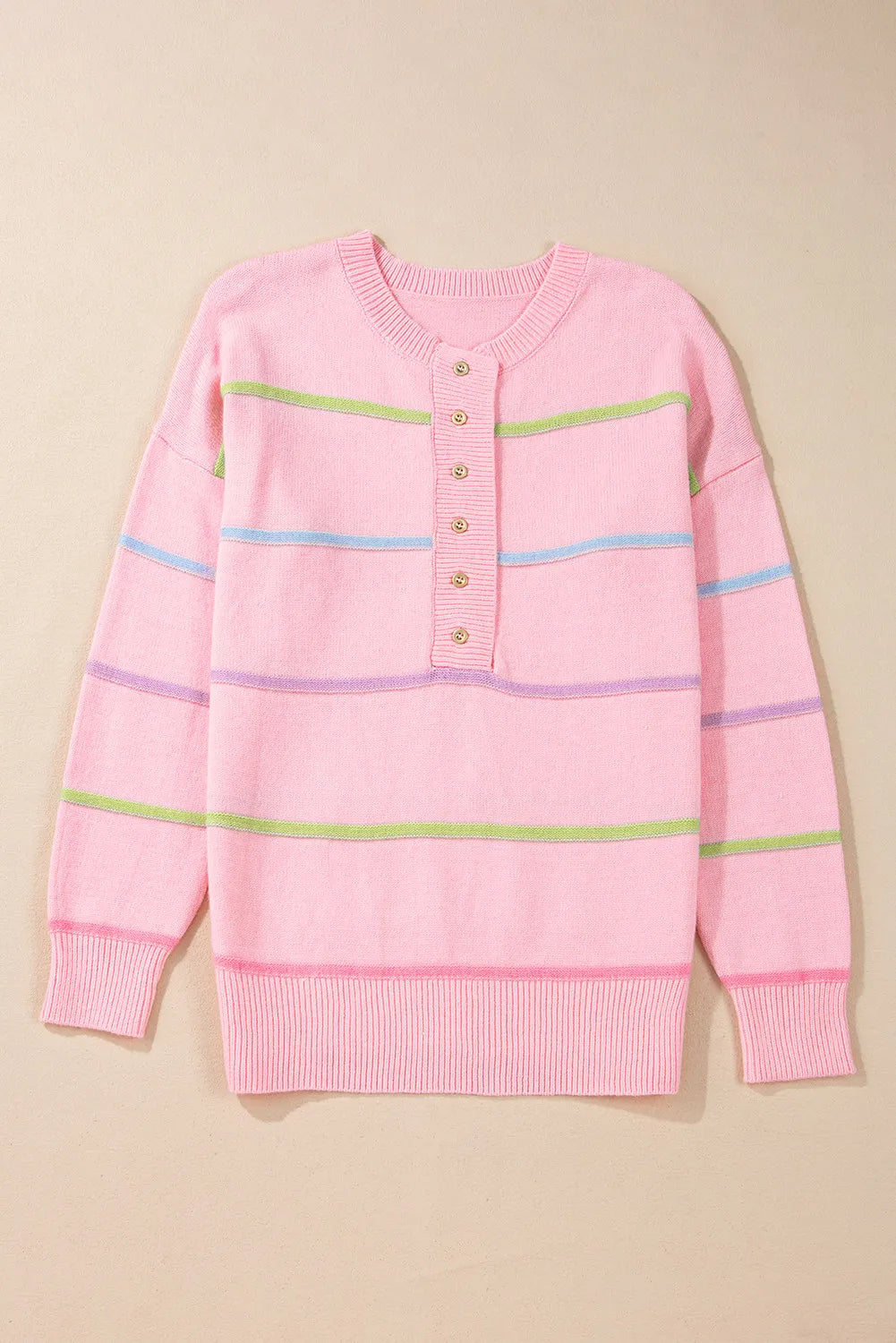 Contrast Striped Half Button Round Neck Sweater-Angel Casuals