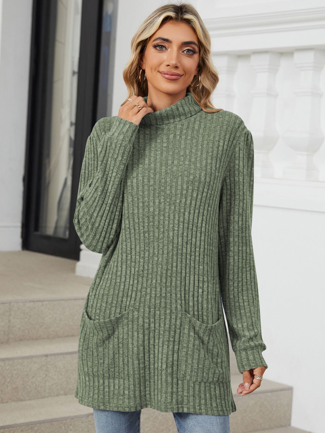 Ribbed Mock Neck Long Sleeve T-Shirt-Angel Casuals