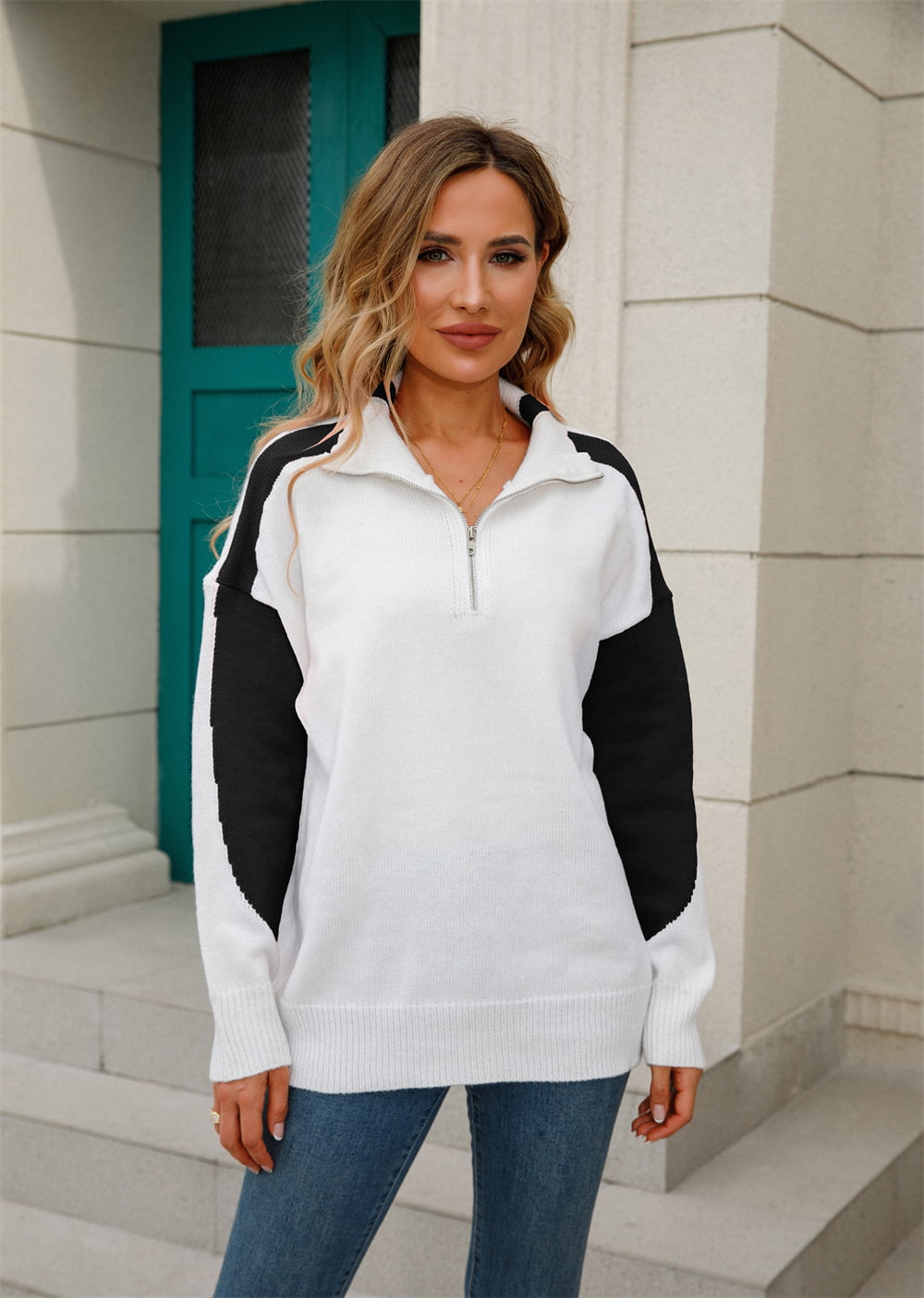 Angel Wings Two-Tone Collared Neck Dropped Shoulder Knit Top-Angel Casuals