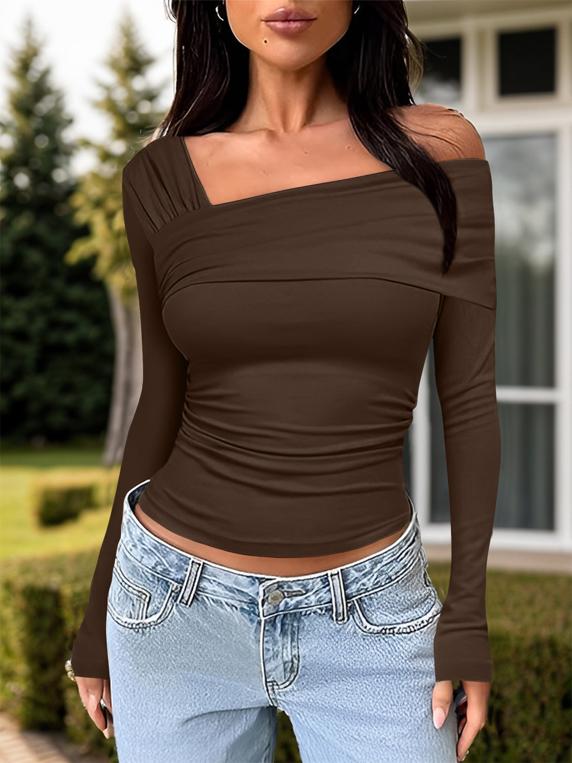 Ruched One Shoulder Long Sleeve T-Shirt-Angel Casuals