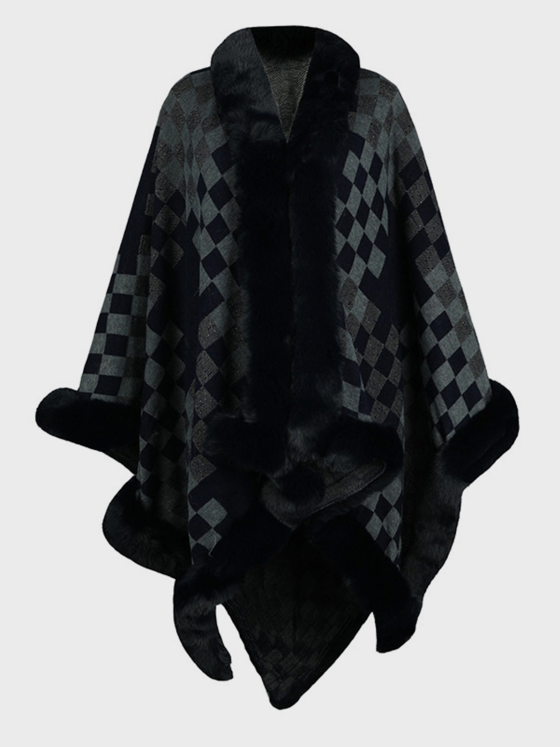 Fuzzy Checkered Long Sleeve Poncho-Angel Casuals