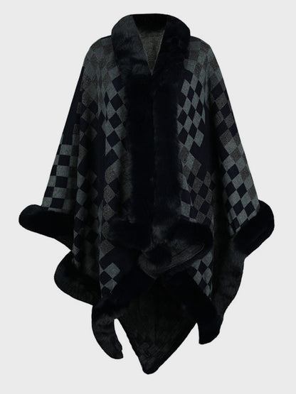 Fuzzy Checkered Long Sleeve Poncho-Angel Casuals
