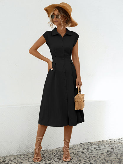 Button Up Cap Sleeve Midi Dress-Angel Casuals