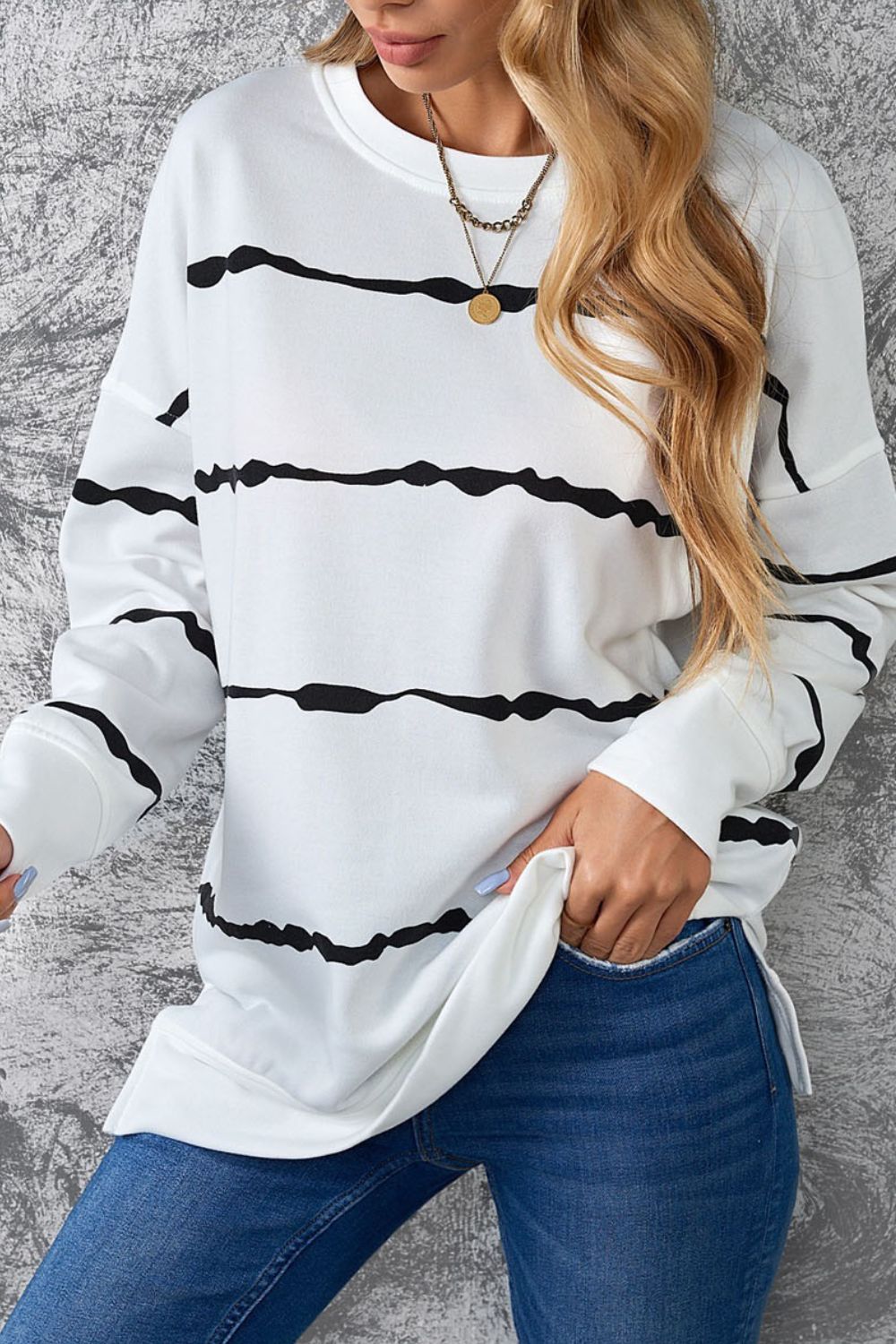 Slit Contrast Striped Round Neck Long Sleeve T-Shirt-Angel Casuals