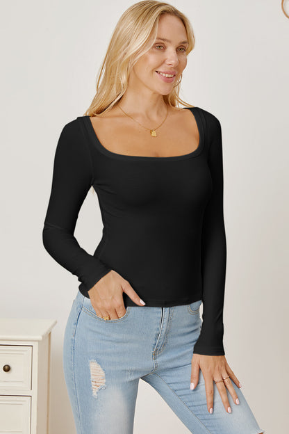 Square Neck Long Sleeve T-Shirt-Angel Casuals