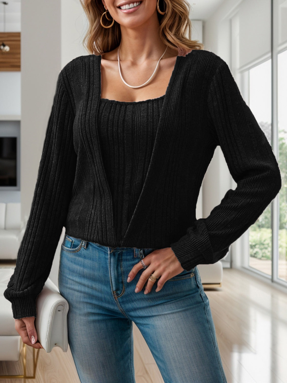 Square Neck Long Sleeve T-Shirt-Angel Casuals