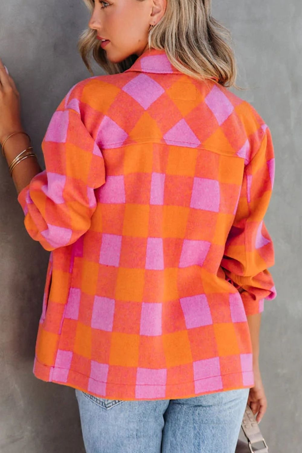 Plaid Collared Neck Button Up Jacket-Angel Casuals