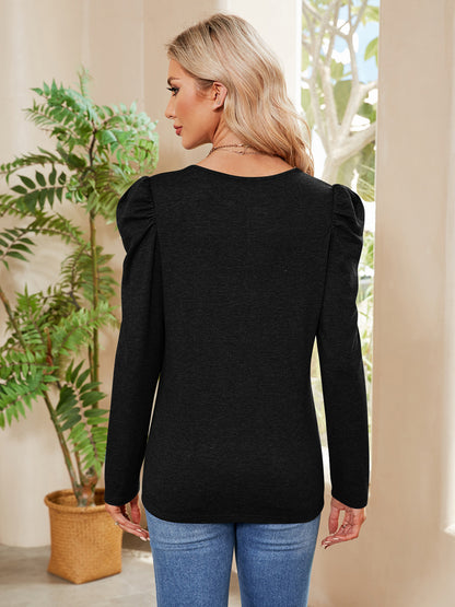 Buttoned Round Neck Puff Sleeve T-Shirt-Angel Casuals