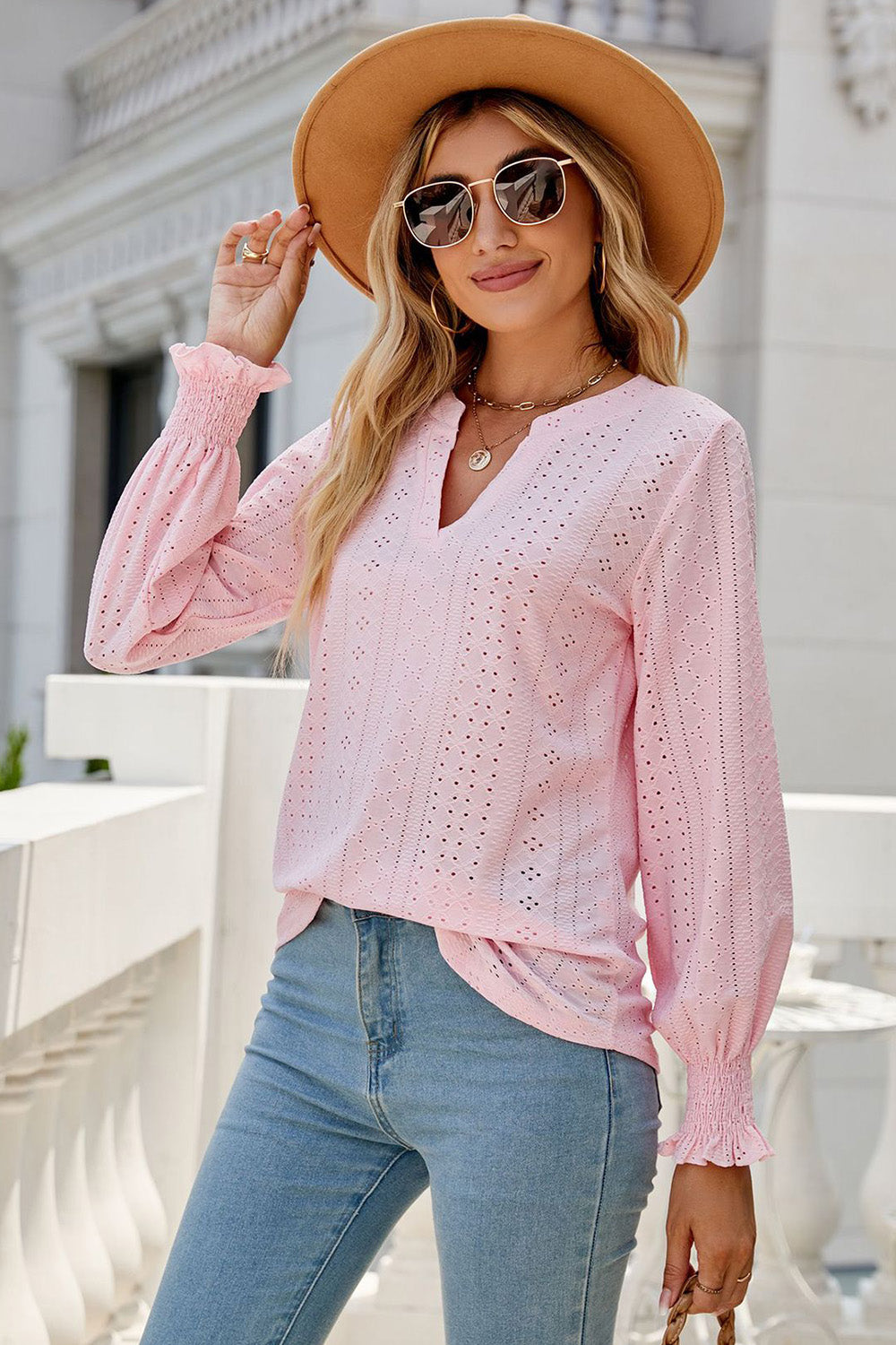 Eyelet Notched Lantern Sleeve T-Shirt-Angel Casuals