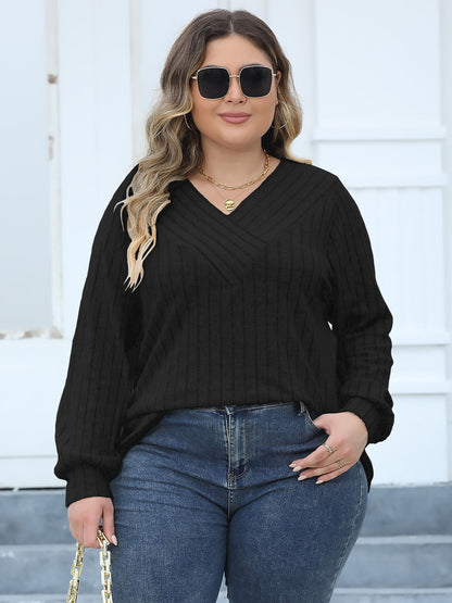 Plus Size Ribbed V-Neck Long Sleeve Top-Angel Casuals