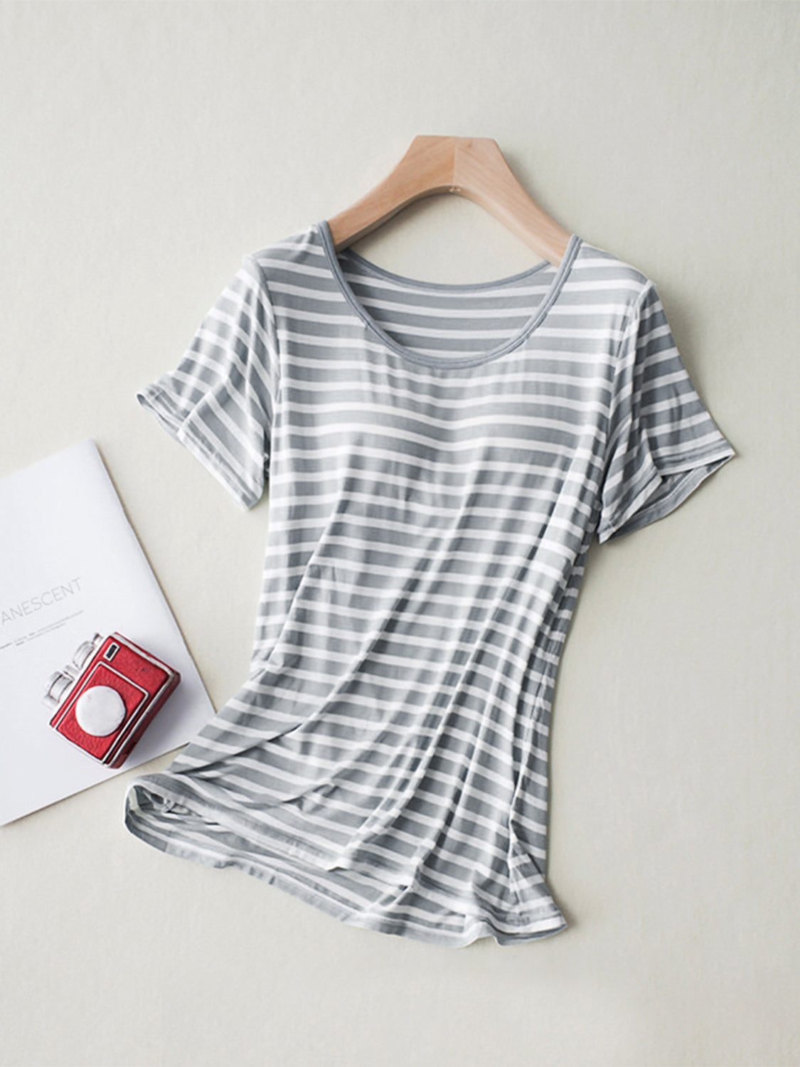 Striped Round Neck Short Sleeve T-Shirt with Bra-Angel Casuals