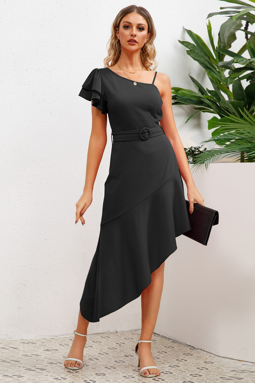 Ruffled Asymmetrical Neck Flutter Sleeve Dress-Angel Casuals