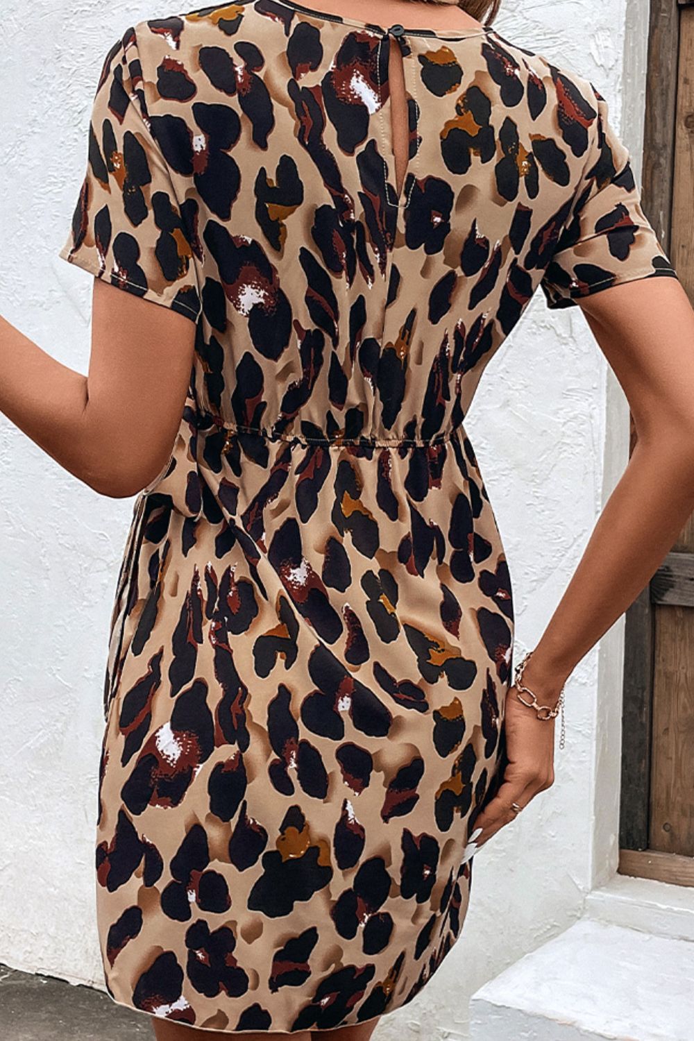 Animal Print Belted Keyhole Round Neck Dress-Angel Casuals