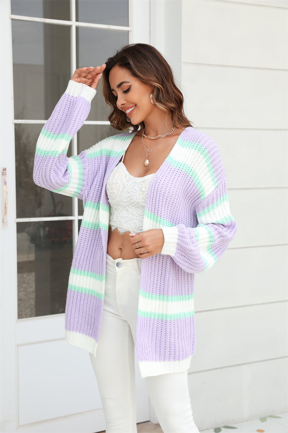 Color Block Ribbed Dropped Shoulder Open Front Cardigan-Angel Casuals