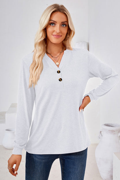 Notched Button Detail Long Sleeve T-Shirt-Angel Casuals