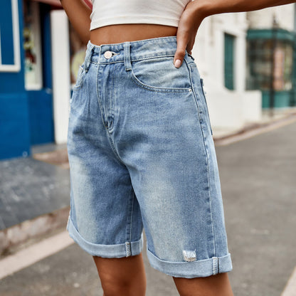 Distressed Buttoned Denim Shorts with Pockets-Angel Casuals