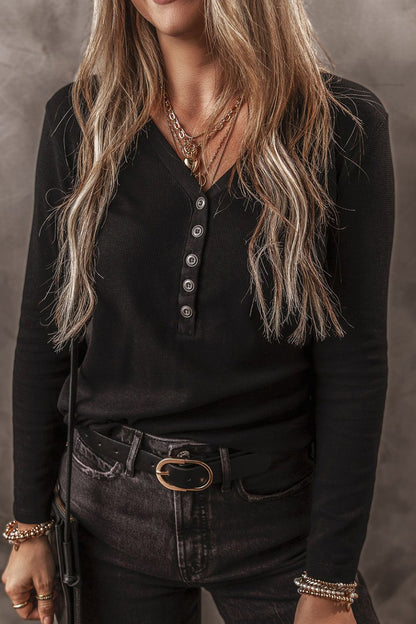 V-Neck Half Button long Sleeve T-Shirt-Angel Casuals