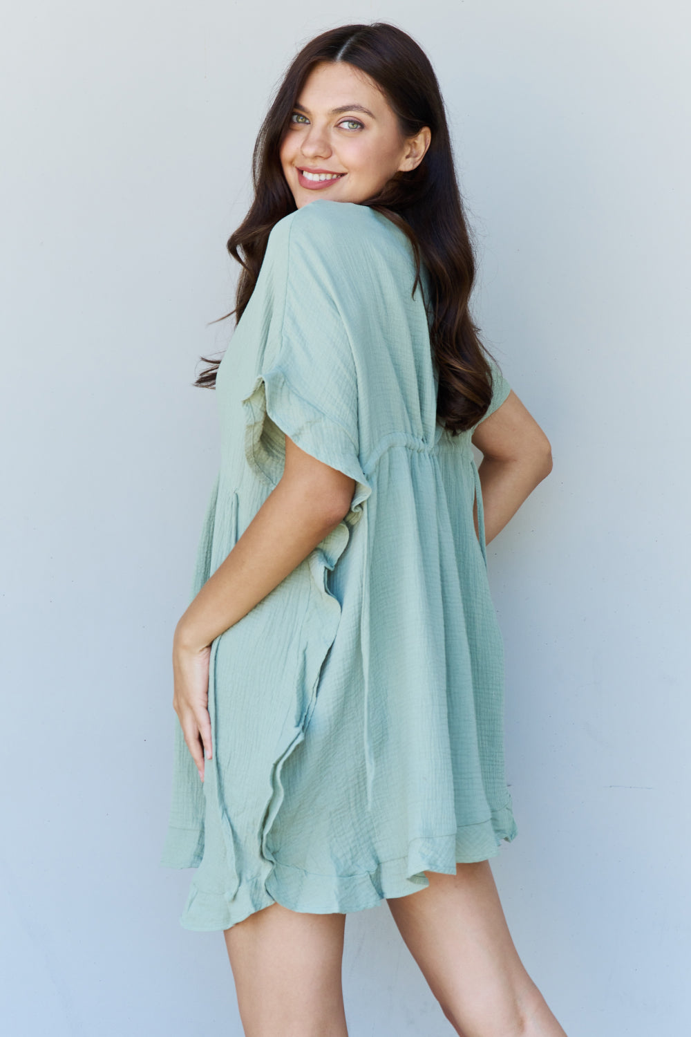 Ninexis Out Of Time Full Size Ruffle Hem Dress with Drawstring Waistband in Light Sage-Angel Casuals