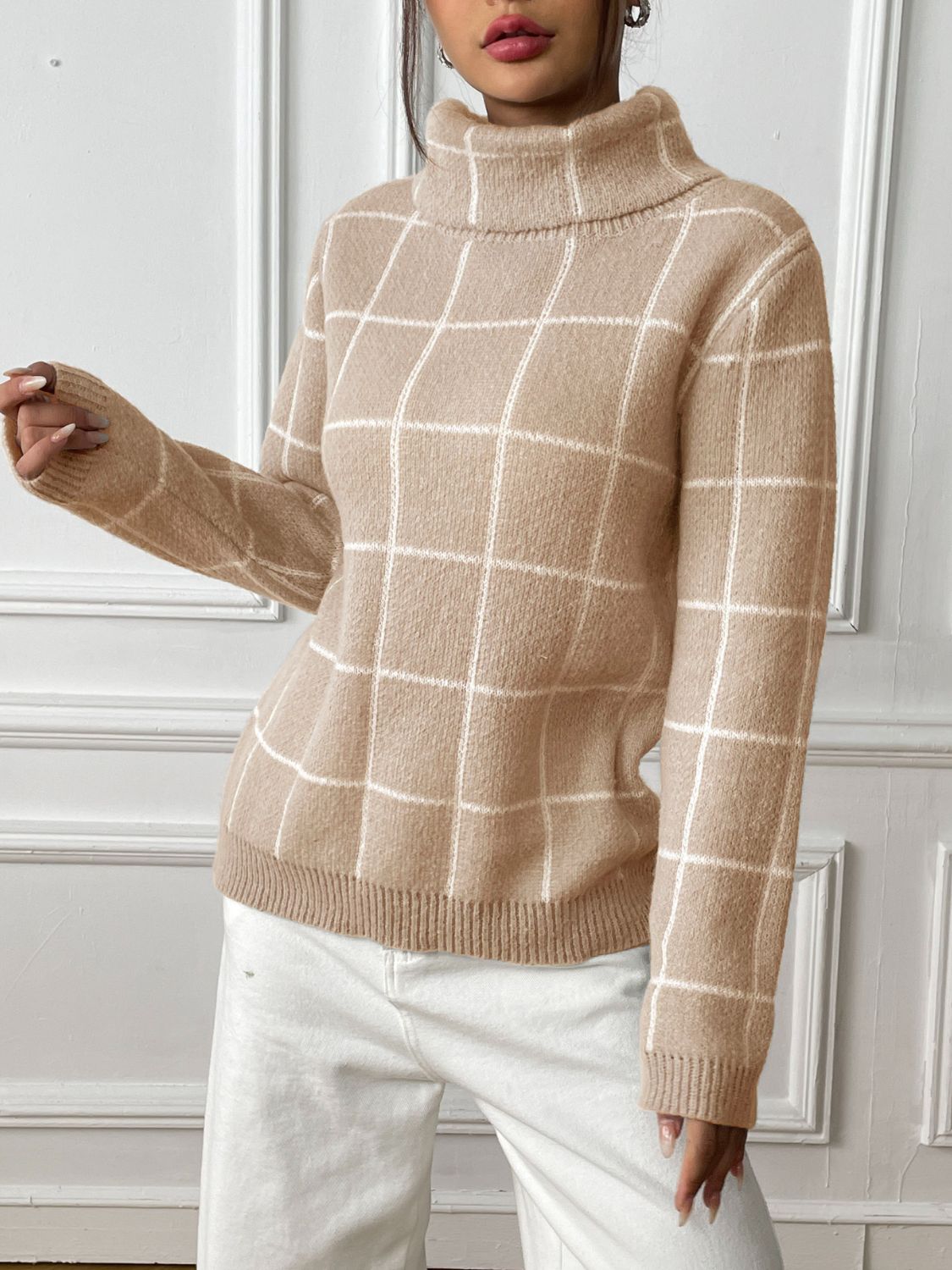 Plaid Turtleneck Long Sleeve Sweater-Angel Casuals
