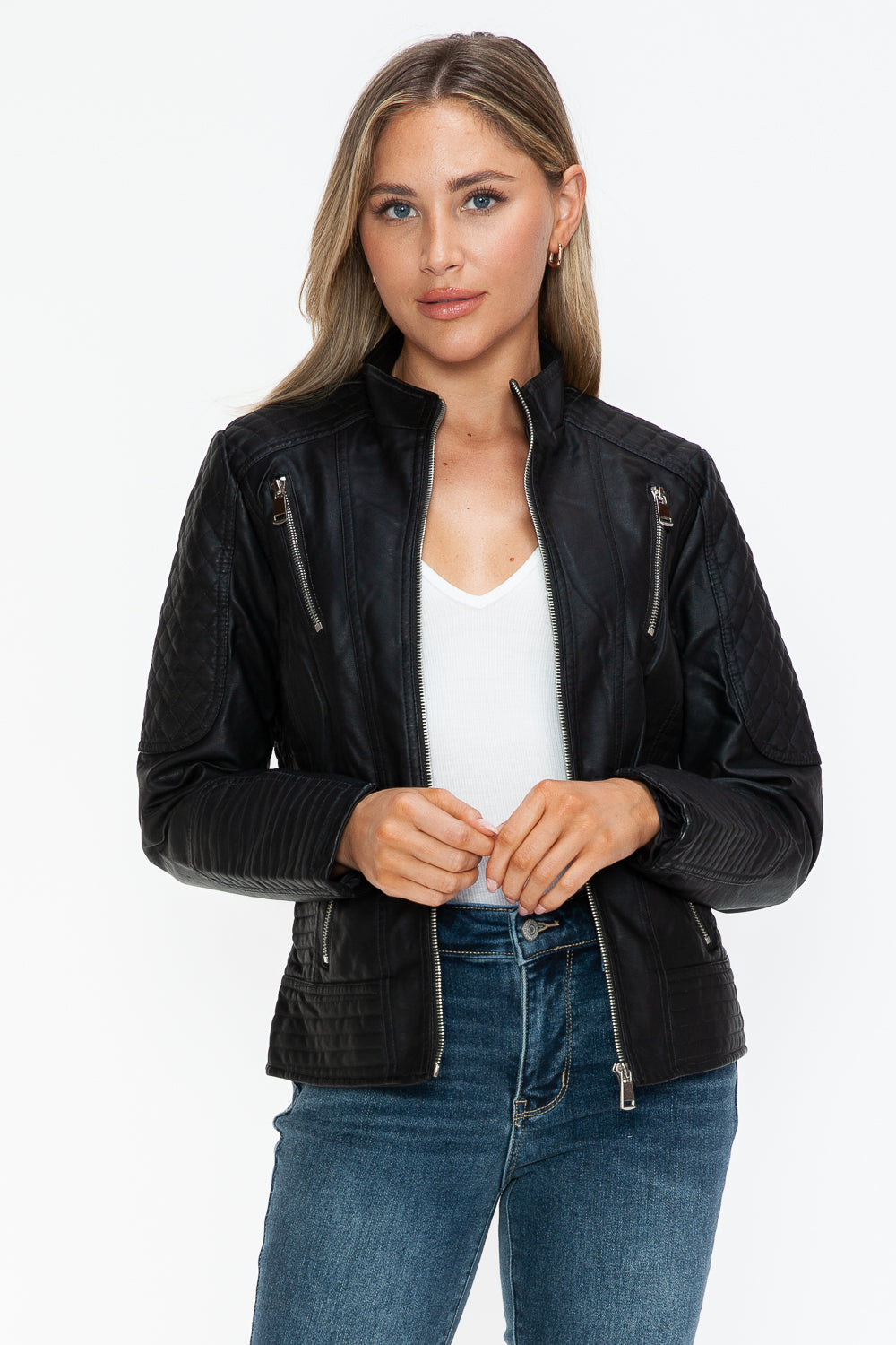 Snobbish Faux Leather Zip Up Mock Neck Jacket-Angel Casuals